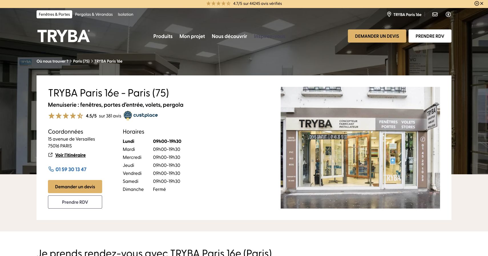 Capture du site de Alpha Fenêtres — TRYBA Paris 16e